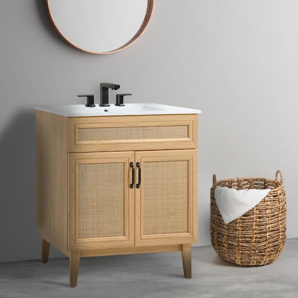 Javer 30 in. W x 18 in. D x 33 in. H Rattan 2-Shelf Bath Vanity Cabinet without Top (Sink Basin not Included), Oak