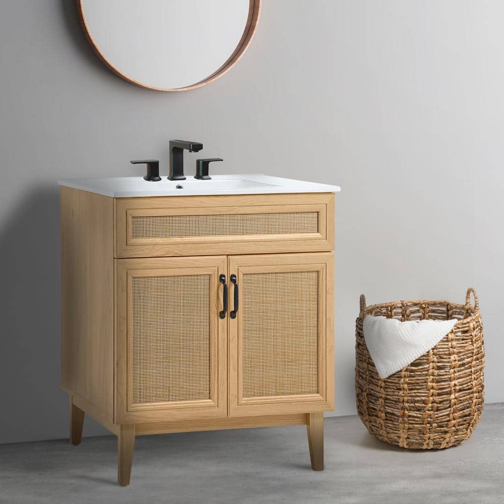 Javer 30" Oak Rattan Modern Farmhouse Bath Vanity Cabinet