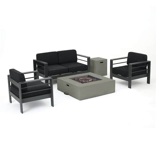 Cape Coral Grey 5-Piece Metal Patio Fire Pit Set with Dark Grey Cushions