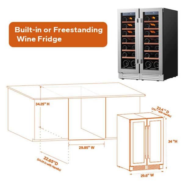 30 in. Dual Zone Built-in /Freestanding Cellar Cooling 66-Bottle Wine Cooler Side-By-Side Fridge in Stainless Steel