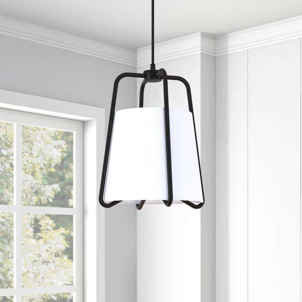 11" Blackened Bronze and White Fabric Drum Pendant Light