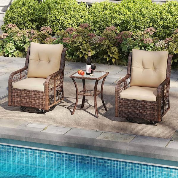 3 Piece Patio Furniture Set with 2-Tier Side Table and Cushions for Porch Brown