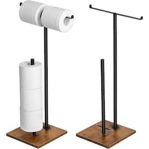 (2 Pack) Free Standing Bathroom Toilet Paper Holder Stand Dispenser with Reserve Rustic Brown Wood Base