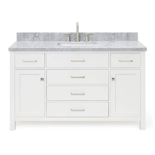 Bristol 54 in. W x 22 in. D x 36 in. H Freestanding Bath Vanity in White with White Marble Top