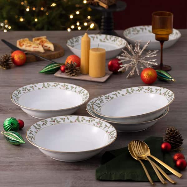 Holly and Berry Gold 10 in. 25 oz. (Multi) Porcelain Rim Dinner Bowls (Set of 4)