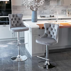 33 in. Gray High Back Metal Barstools with Swivel Velvet Adjustable Seat 2 Sets included