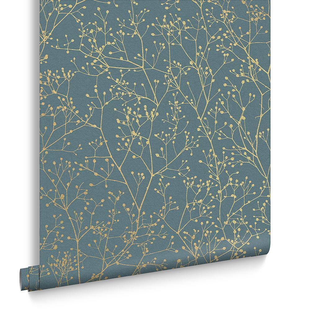 Clarissa Hulse Airforce Blue and Soft Gold Botanical Wallpaper Sample