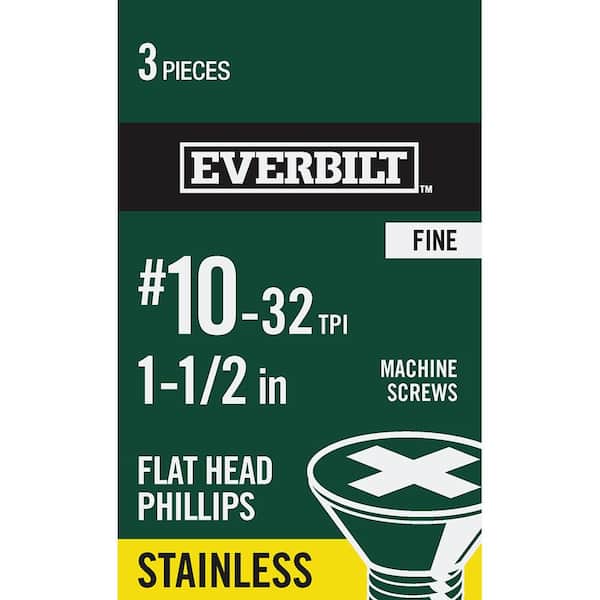Everbilt #10-32 x 1-1/2 in. Phillips Flat Head Stainless Steel Machine Screw (3-Pack)