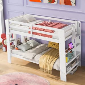 White Twin Over Twin Bunk Bed with Shelves and Built-in Ladder