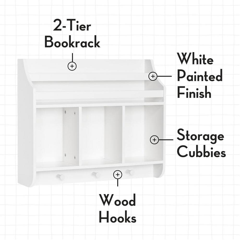Playtime White Wall-Mounted Shelf with Bookrack and Cubbies for Kids