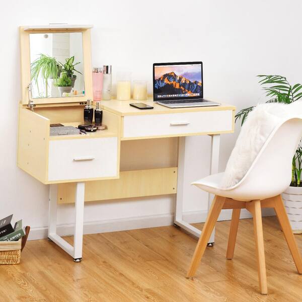 Costway White Vanity Table With Flip, Writing Desk For Makeup Vanity