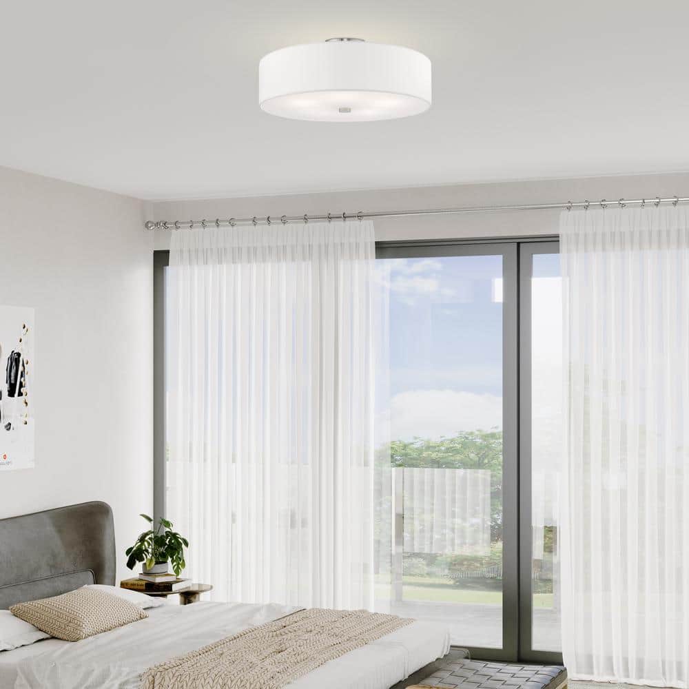 Brushed Nickel 22" Drum Semi-Flush Mount with Off-White Shade