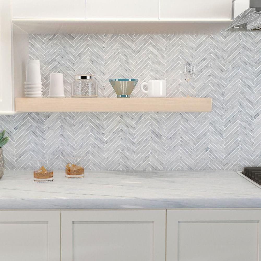 Carrara White Polished Marble Herringbone Mosaic Tile