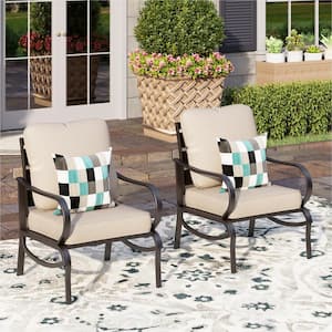 Black Metal Slatted Frame Outdoor Patio Lounge Chairs with Beige Cushions(2-Pack)