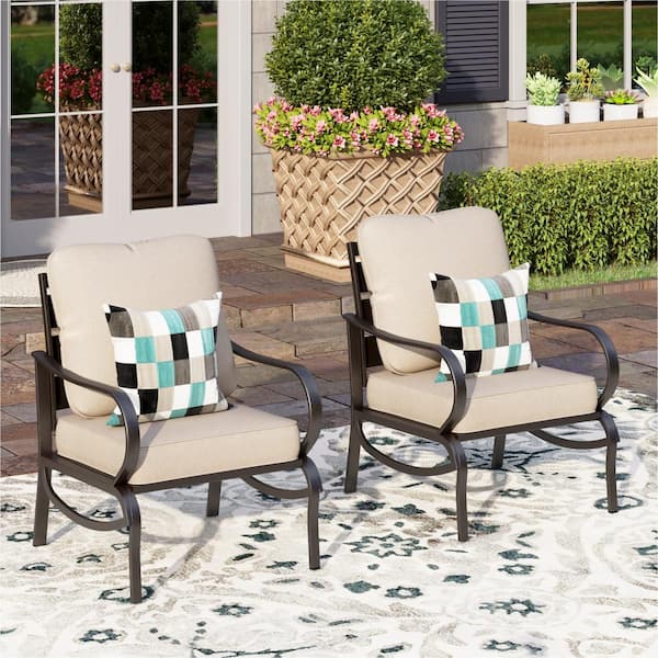 PHI VILLA Black Metal Slatted Frame Outdoor Patio Lounge Chairs with Beige Cushions(2-Pack)