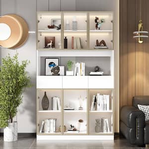 78.7 in. H White Wooden Accent Storage Cabinet with Pop-up Glass Doors, Drawers, Adjustable Shelves, LED Lights