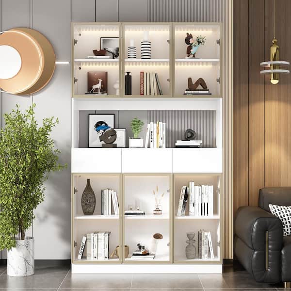 FUFU&GAGA 78.7 in. H White Wooden Accent Storage Cabinet with Pop-up Glass Doors, Drawers, Multiple Shelves, LED Lights