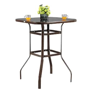 Brown Metal Outdoor Bar Table Patio Bar Table with Tempered Glass Table Top Outdoor Console Tables Pub Table