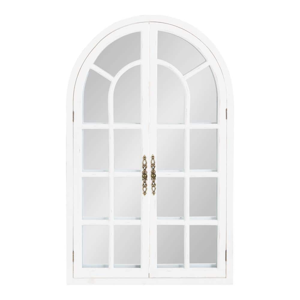 Rustic White Wood Windowpane Arch Vanity Mirror