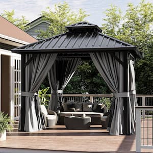 10 ft. x 10 ft. Double Roof Hardtop Aluminum Metal Gazebo with Curtains and Netting for Patio, Backyard