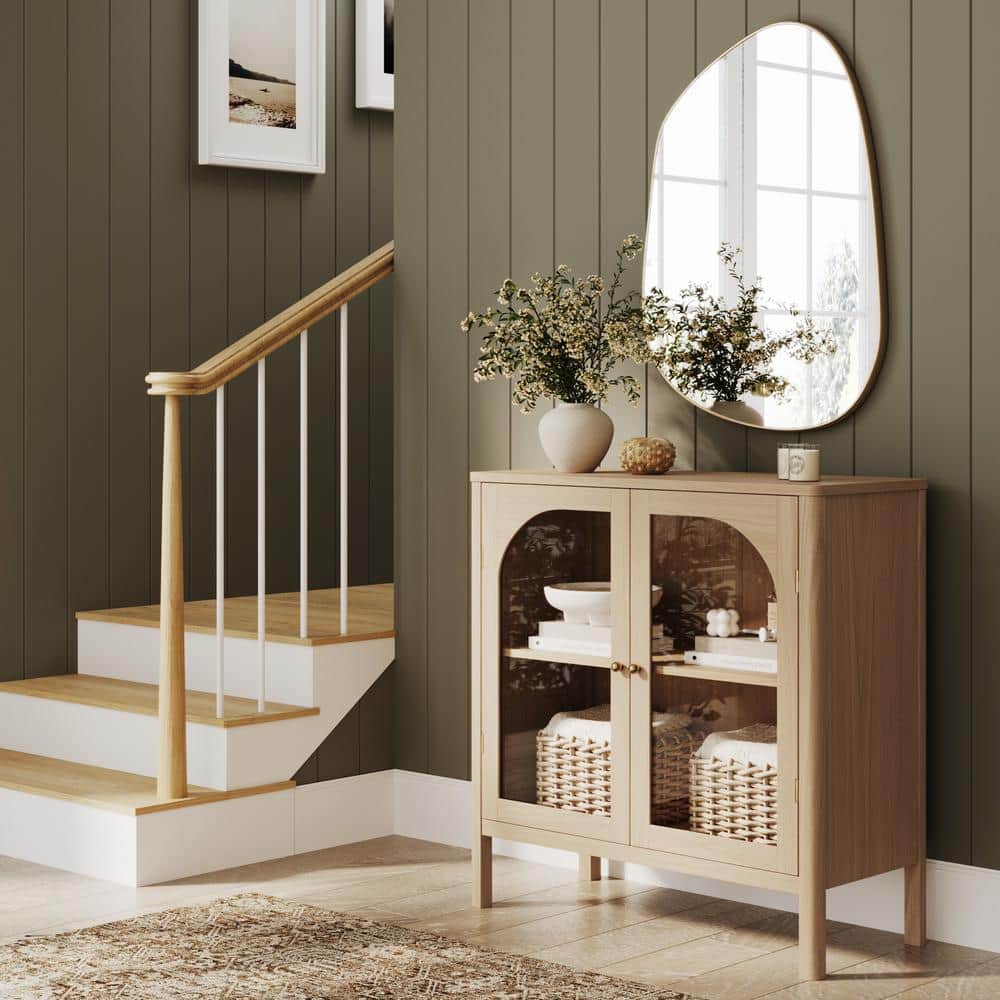 Raw Oak Modern Farmhouse Sideboard Buffet with Glass Doors