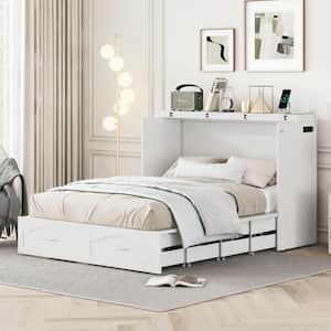 White Wood Frame Full Size Murphy Bed with Built-in Charging Station, Pulleys and Sliding Rails Design, 2-Drawer