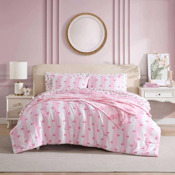 BETSEY JOHNSON Bow Stripe 6-Piece White/Pink Microfiber Twin Comforter Set