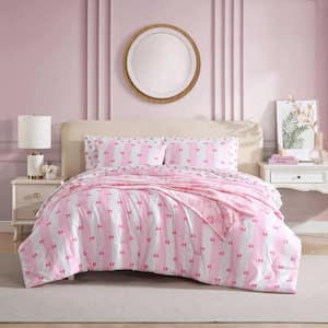 Bow Stripe 8-Piece White/Pink Microfiber Full/Queen Comforter Set