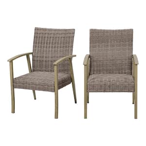 Stationary Padded Wicker Wood Look Captain Outdoor Dining Chair (2-Pack)