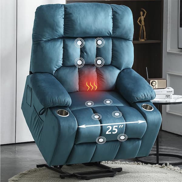 aisword Platinum Fashion Big and Tall Velvet Power Lift Recliner Chair with Massage,Heating and 2-Cup Holder - Blue