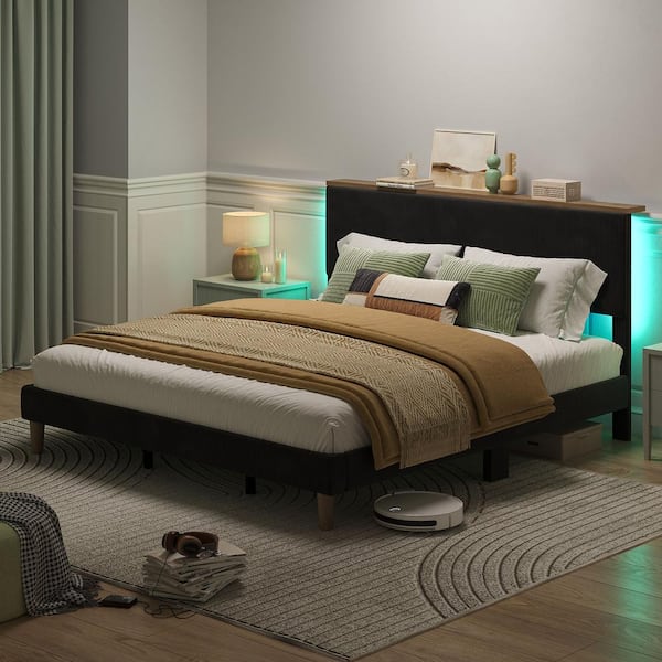 Black Wood Frame King Size Velvet Upholstered Platform Bed Frame with Storage Headboard and LED Lights