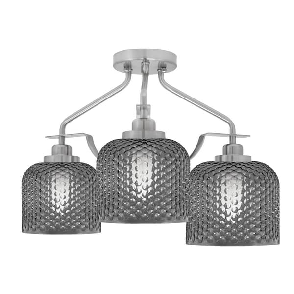 Monroe 16.75 in. 3- Light Brushed Nickel Shaded Flush Mount with 6 in. Smoke Textured Glass No Bulbs Included