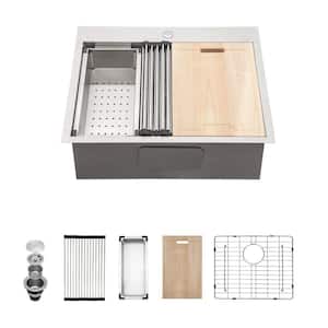 25 in. Drop-In Single Bowl 18-Gauge Stainless Steel Workstation Kitchen Sink with Bottom Grid