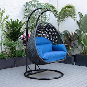 Mendoza 53 in. 2 Person Charcoal Wicker Patio Swing Chair with Stand and Blue Cushions