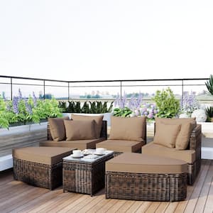 6-Piece Brown Wicker Outdoor Patio Conversation Set with Brown Cushions and Coffee Table