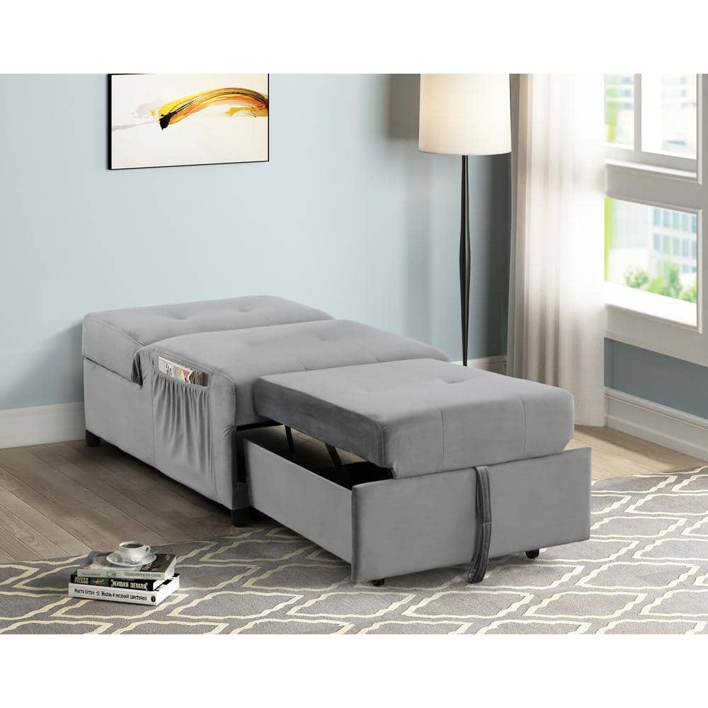 Gray Velvet Adjustable Sleeper Lounge Chaise with Manufactured Wood Frame
