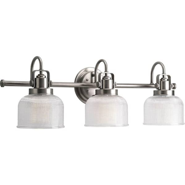Progress Lighting Archie Collection 26-1/4 in. 3-Light Antique Nickel Clear Double Prismatic Glass Coastal Bathroom Vanity Light
