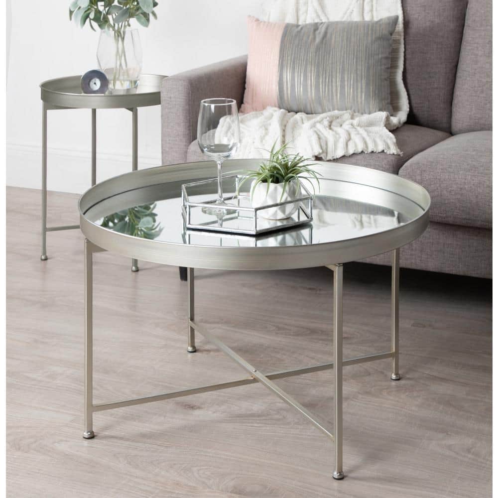 Celia 21'' Silver Metal Foldable Round Accent Table with Mirror Tray