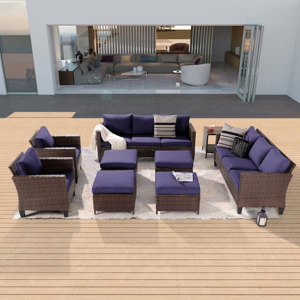 Sonkuki 9-Piece Patio Sofa Set Brown Wicker Outdoor Furniture Set with Side Table, Navy Blue