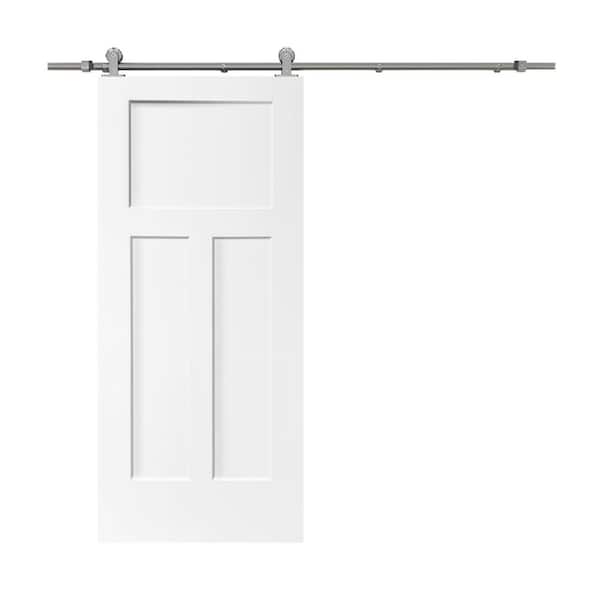 CALHOME 30 in. x 80 in. White Primed Composite MDF 3 Panel Interior Sliding Barn Door with Hardware Kit
