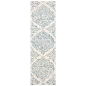 Abstract Ivory/Blue 2 ft. x 6 ft. Floral Damask Runner Rug