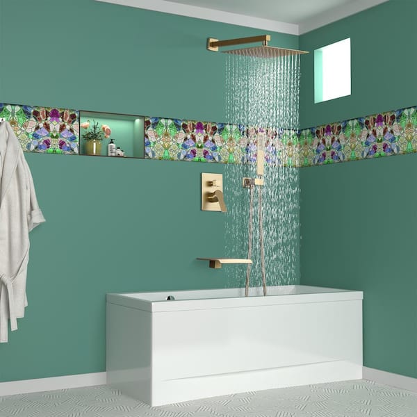 Wall Mount Single-Handle 1-Spray Tub and Shower Faucet in Brushed Gold - 12 Inch (Valve Included)