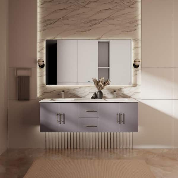 Geneva 60 in. W x 22 in. D Dark Grey Double Bath Vanity, White Quartz Top, and 60 in. LED Mirror