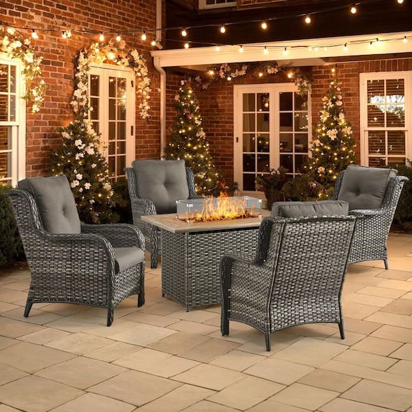 Pocassy 5-Piece Gray Wicker Patio Chairs for 4 with Gas Propane Fire Pit Table Sets Gray Cushions