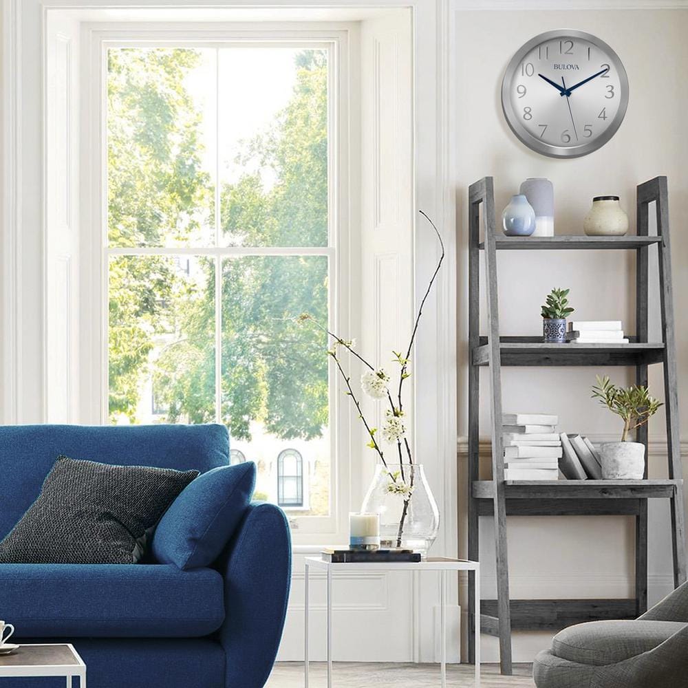 Bulova 10" Silver Aluminum Wall Clock with Blue Hands