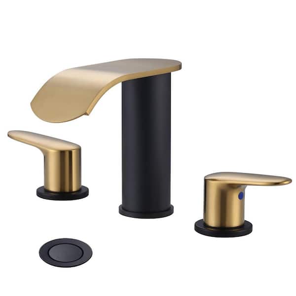 WOWOW 8 in. Widespread Double Handle Waterfall Bathroom Faucet with Pop-up Drain and Supply Hoses in Black and Gold