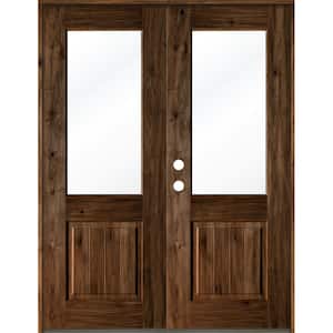 64 in. x 96 in. Rustic Knotty Alder Wood Clear Half-Lite provincial stain/VGroove Right Active Double Prehung Front Door
