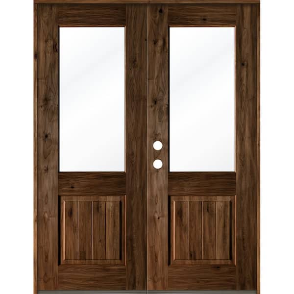 Krosswood Doors 64 in. x 96 in. Rustic Knotty Alder Wood Clear Half-Lite provincial stain/VGroove Right Active Double Prehung Front Door