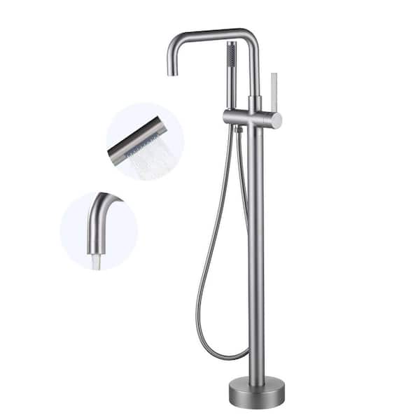 Single-Handle Freestanding Floor Mount Tub Faucet Bathtub Filler with Hand Shower in Brushed Nickel