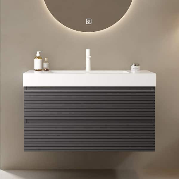 FAMYYT 36 in. Single Sink Floating Gray Plywood Bath Vanity with White Acrylic Top and Drawers